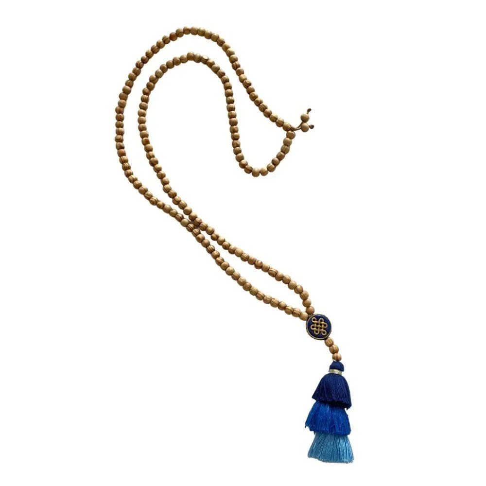 Long Wood Bead Necklace with Blue Tassel Adornment